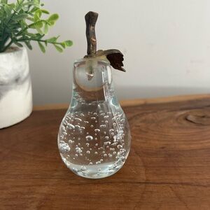 Vtg 4" Clear Crystal Pear Brass Stem Hand blown Controlled Bubble Paperweight